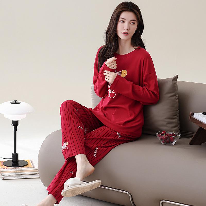 Women's Korean-Style Pure Cotton Printed Long Sleeve Pajama Set for Autumn/Spring