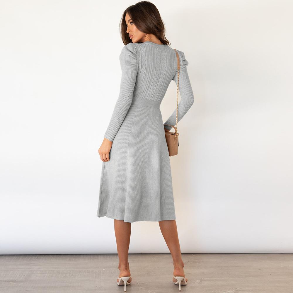 Vestido longo de malha sólida outono inverno, gola redonda, manga comprida, cintura alta, balanço grande S-XXL