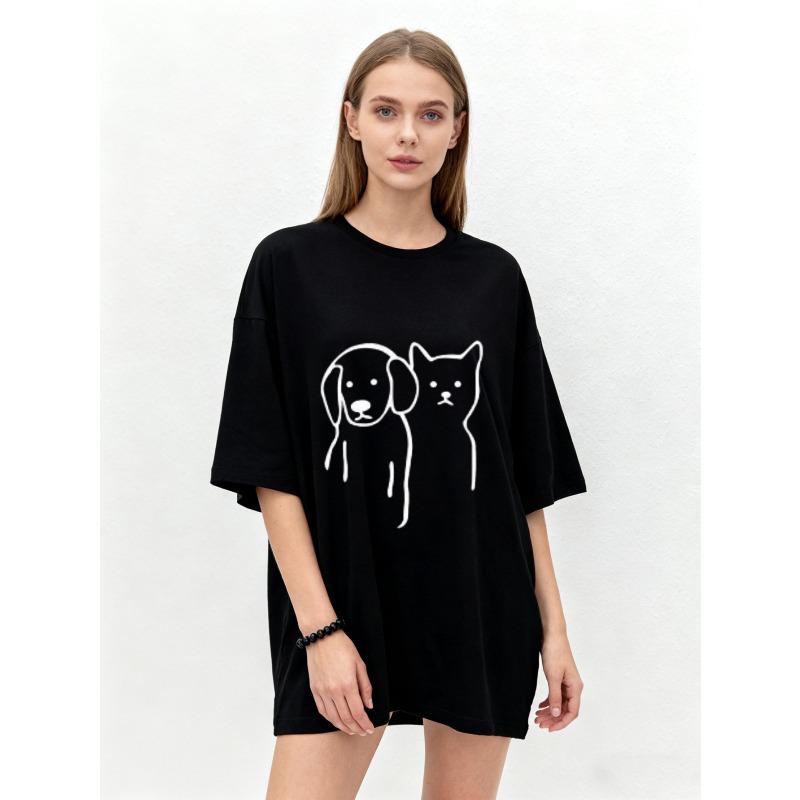 Oversized T Shirt Black Dog and Cat Line Art Print Casual Wear for Women