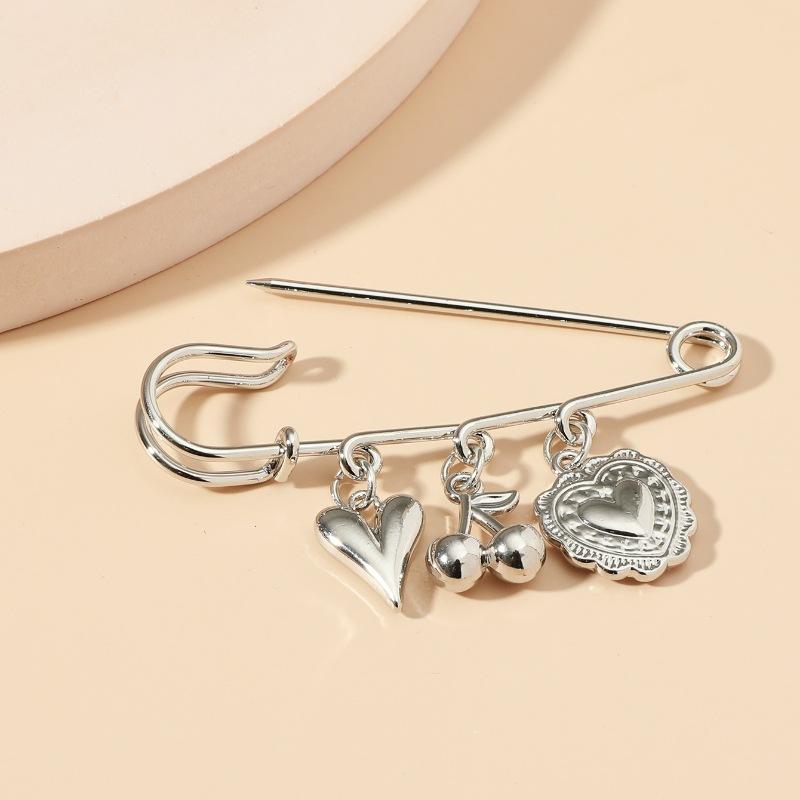 1Pc Korean Chic Silver Heart Cherry Charm Decorative Pins for Denim Jacket Suit Cute Fashionable Clothes Accessories for Women