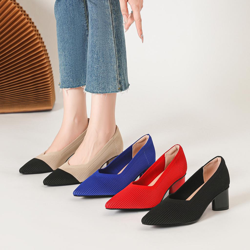 Fashion 2025 Pointed Toe Middle Heel Breathable Comfortable Knitted Shoes Women Shallow Mouth Chunky Heel Fashion Zapatos De Mujer Pumps