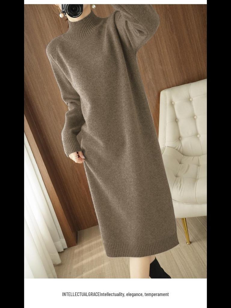 Women's Mid-Length Winter Sweater Dress 2024 - High Collar, Loose-Fit, Over-the-Knee Knitted Style