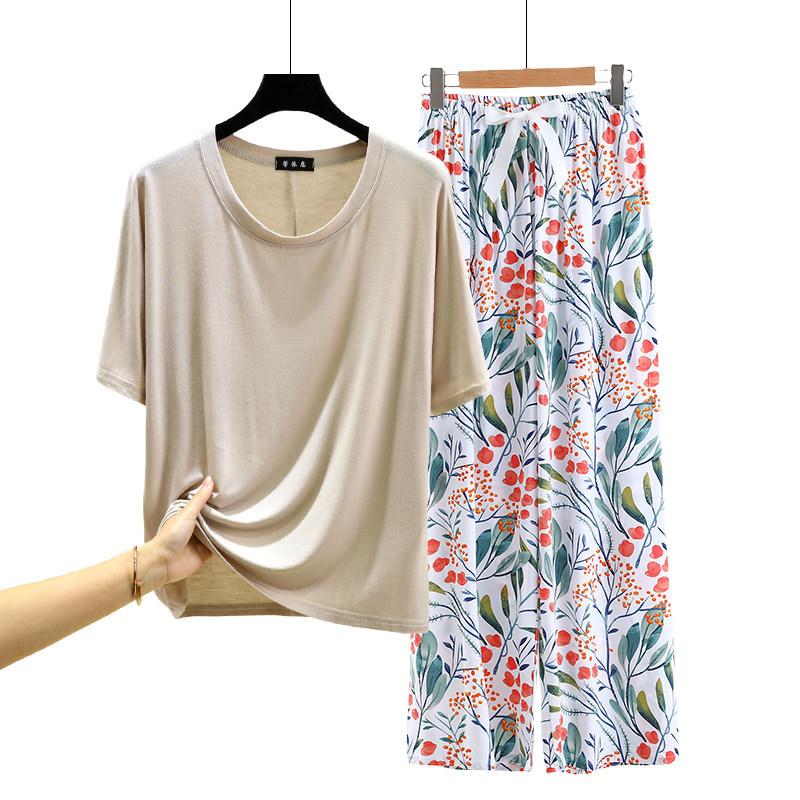 T-shirt girocollo in modal con pantaloni a gamba larga floreali in popeline Set pigiama estivo sottile Tuta casual larga per dormire Loungewear comodo tutto da abbinare