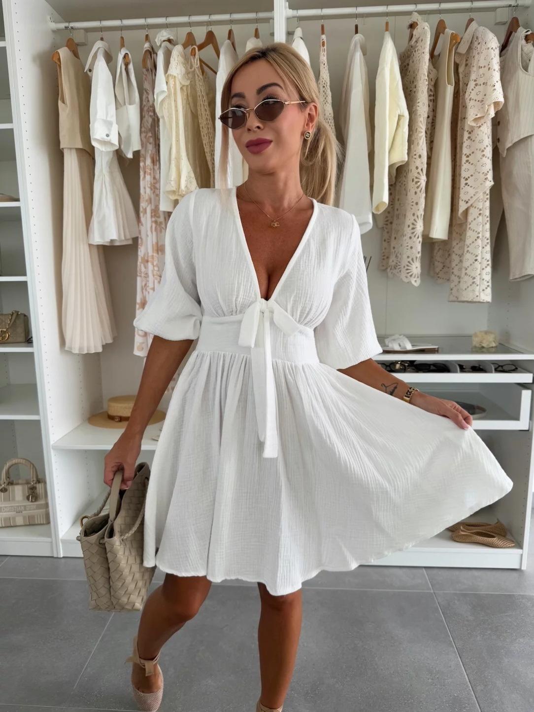 2026 new ins summer sexy V-neck fashion casual cotton and linen dress women S