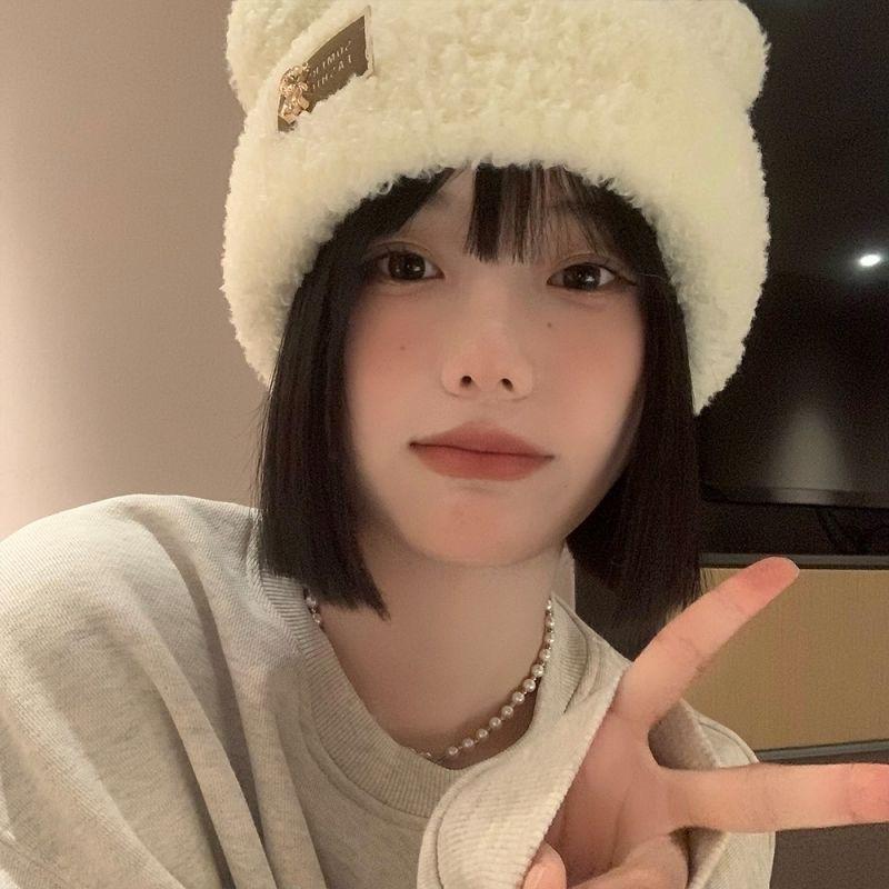 Ears Bear Wool Hat Women's Autumn and Winter Plush Thickened Knitted Hat Korean Version Cute Niche Cold Hat Women's Winter