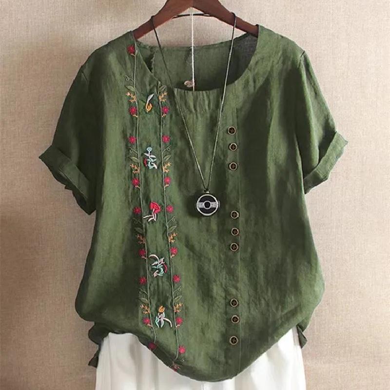 Retro Cotton Linen Short Sleeve Embroidered Flower Women's T-shirt Crew Neck Plus Size Tops Summer Shirt