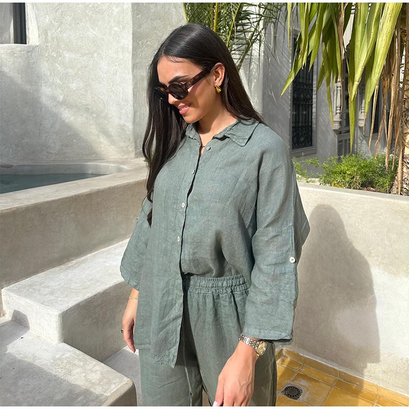 Women's Suit Solid Color Cotton Linen Two Piece Set Spring Summer Fashion Button Shirt + Pants Sets Casual Loose Style 2 Piece Outfit
