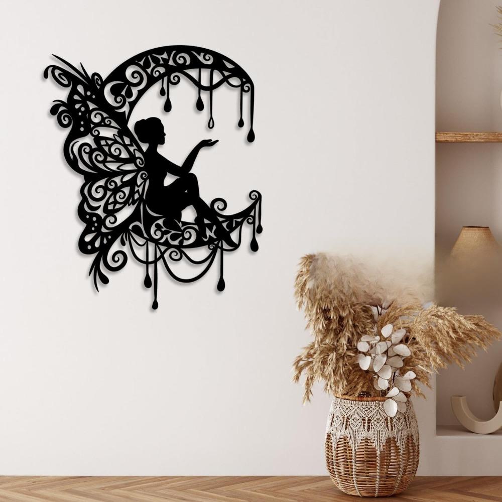 Handmade Iron Moon Flower Fairy Wall Art, Rustic Black Metal Decor for Living Room Bedroom Outdoor