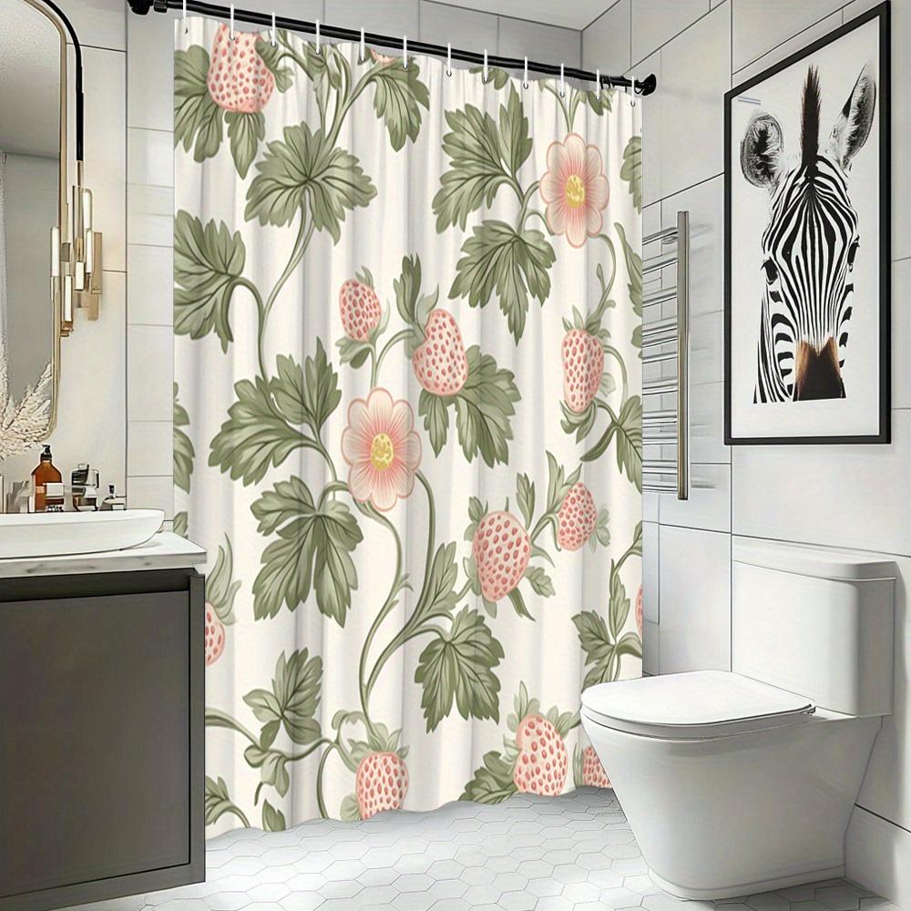 Strawberry Flower Garden Shower Curtain Machine Washable All Season Waterproof Privacy Protection Cute Design Country Style