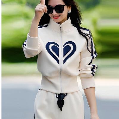 Set din două piese pentru femei, de primăvară-vară, cu pulover cu guler înalt și fermoar, topuri și pantaloni largi, costum sport casual pentru femei
