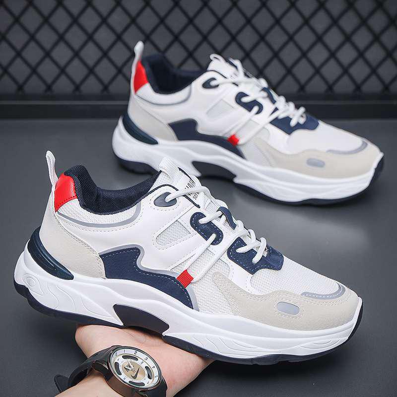 Summer 2025 Men's Breathable Mesh Casual Running Shoes, Thick Sole, Height-Boosting, Trendy White Dad Sneakers