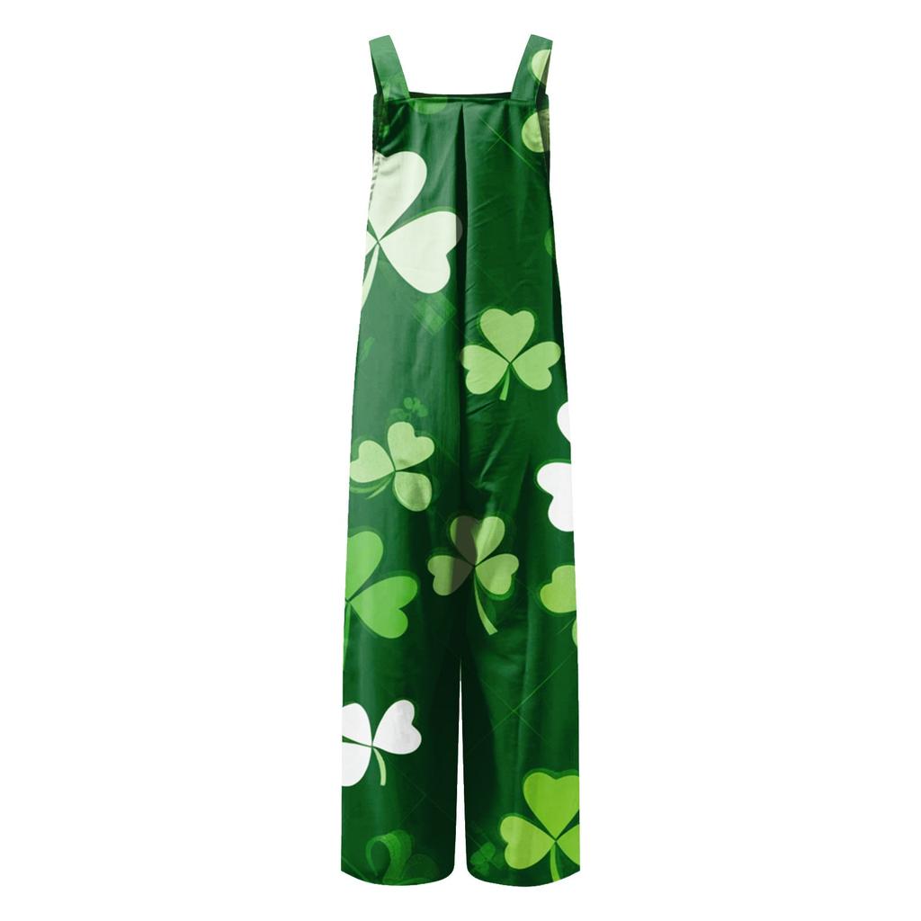 Wide Leg Overalls For Women Casual Loose Sleeveless Jumpsuits St. Patrick's Day Print Button Long Pant Romper Jumpsuit With Pockets