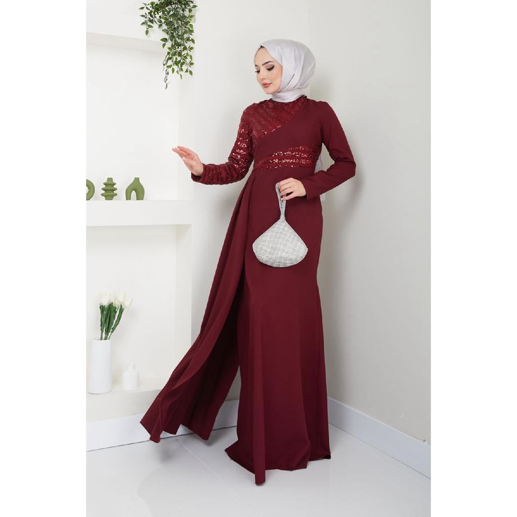 Damenbekleidung Abendkleid Mode Pailletten Cape Hijab Fisch Abendkleid 2711 Schwarz