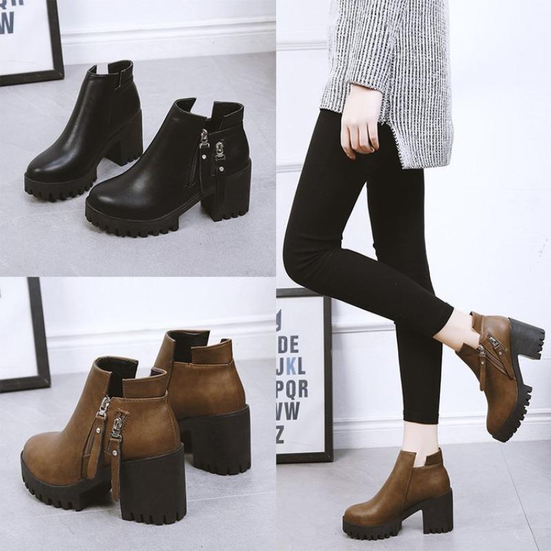 Autumn Winter Thick Heel Women's Ankle Boots Anti-slip Ladies Casual Footwear British Style Platform Side Zipper High Heel Shoes