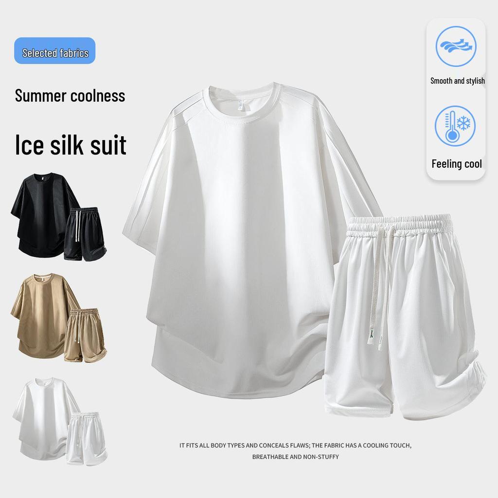 2026 Spring/Summer Men's Ice Silk Sports Suit: Short Sleeve T-shirt & Shorts Casual Two-Piece Set