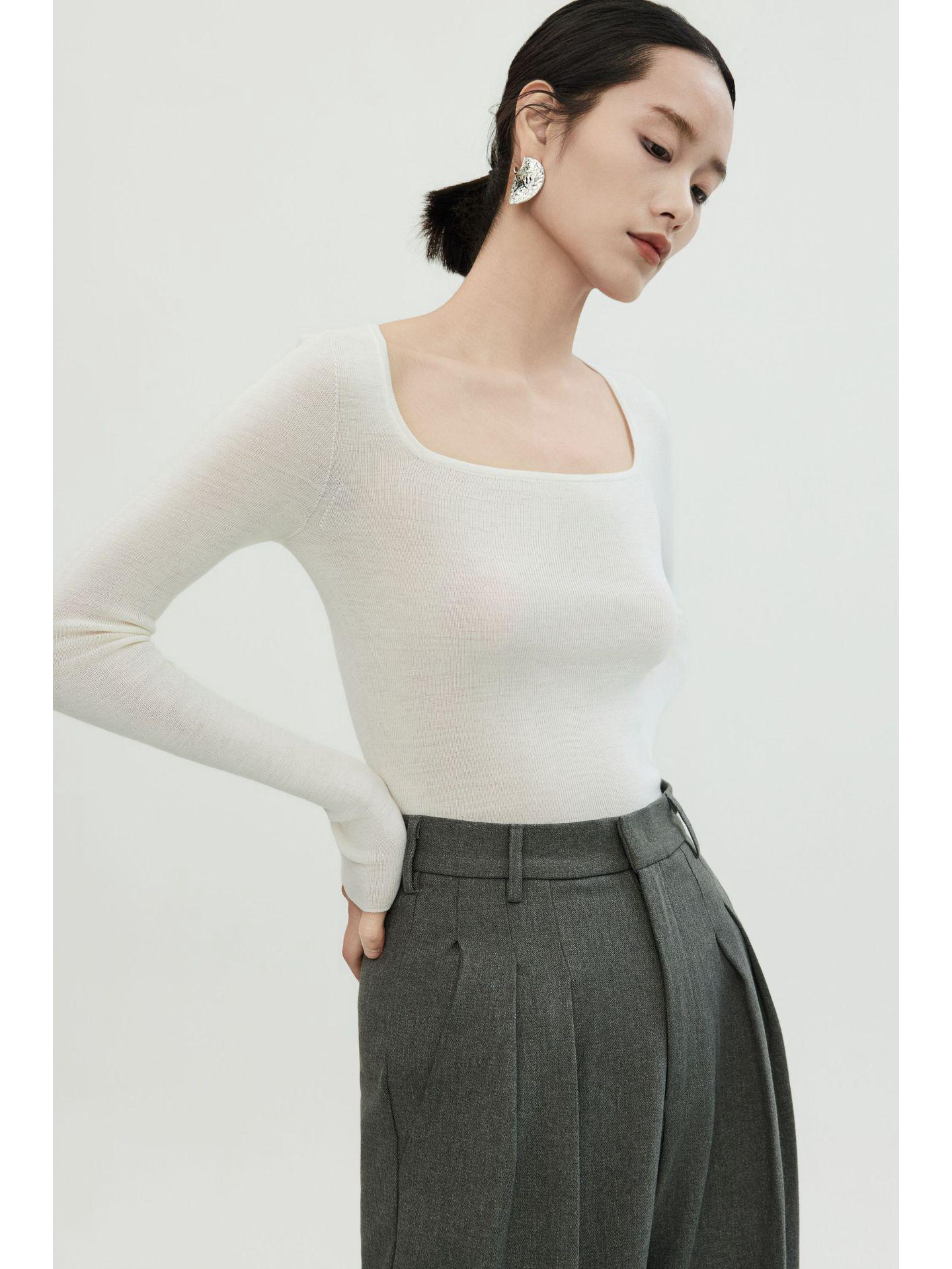 

Bailu Женский бесшовный вязаный свитер из мериносовой шерсти с квадратным вырезом, приталенный Small