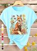 Summer New T-Shirt Women's Floral Fox Print Elegant Retro Style Versatile Casual Round Neck Top for Spring, Summer and Autumn