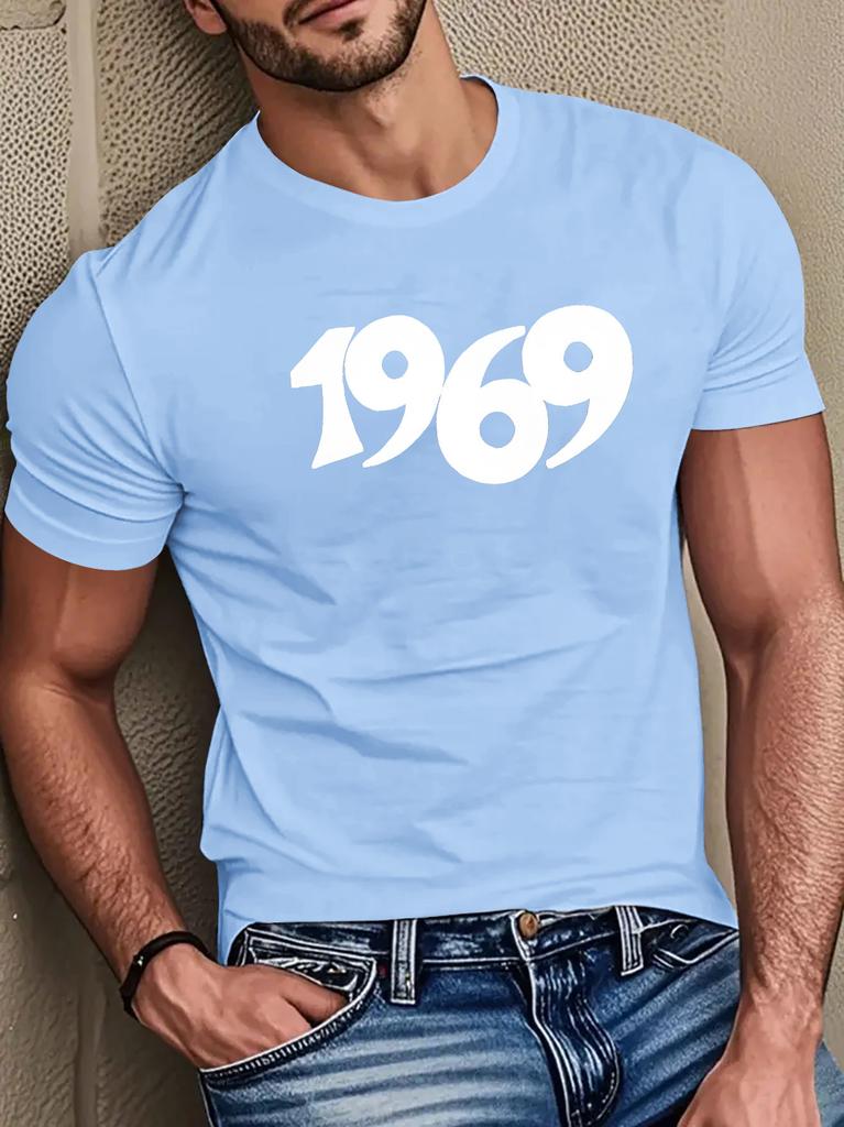 Unisex O Neck Tee Retro 1969 Number Vintage Letter Print Cotton Short Sleeve Loose Summer Breathable Daily Casual Basic Wear Top