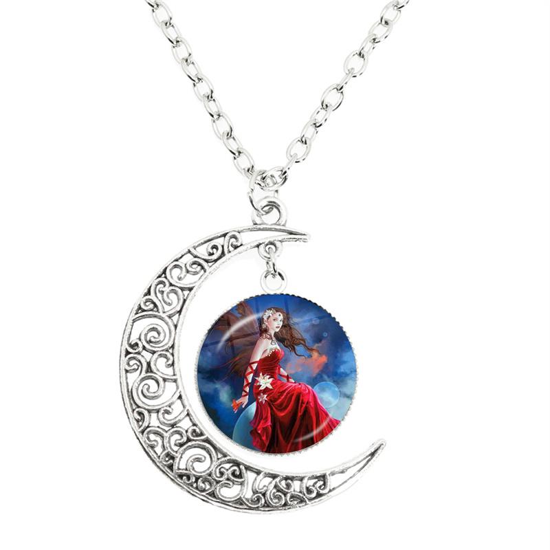

Flower Fairy Elf Necklace Glass Time Crescent Moon Pendant Elves Vanyar Chain Necklace for Women Girls Angel Jewelry Gift