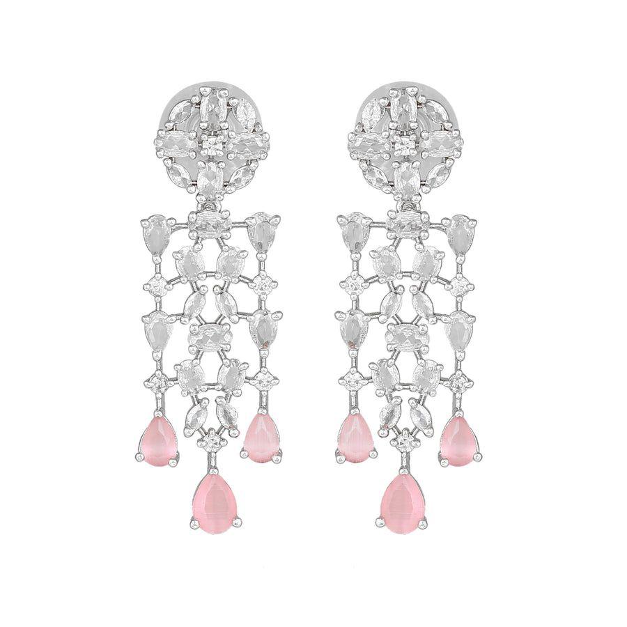 Estele Designer Rhodium Plated Earrings with Shimmering CZ Streamers and Mint Pink Stones for Women