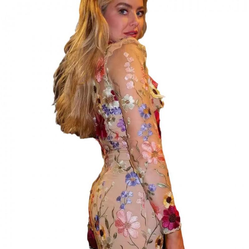 Womens Floral Embroidered Mesh Fitted Mermaid Dress With Round Neck High Waist