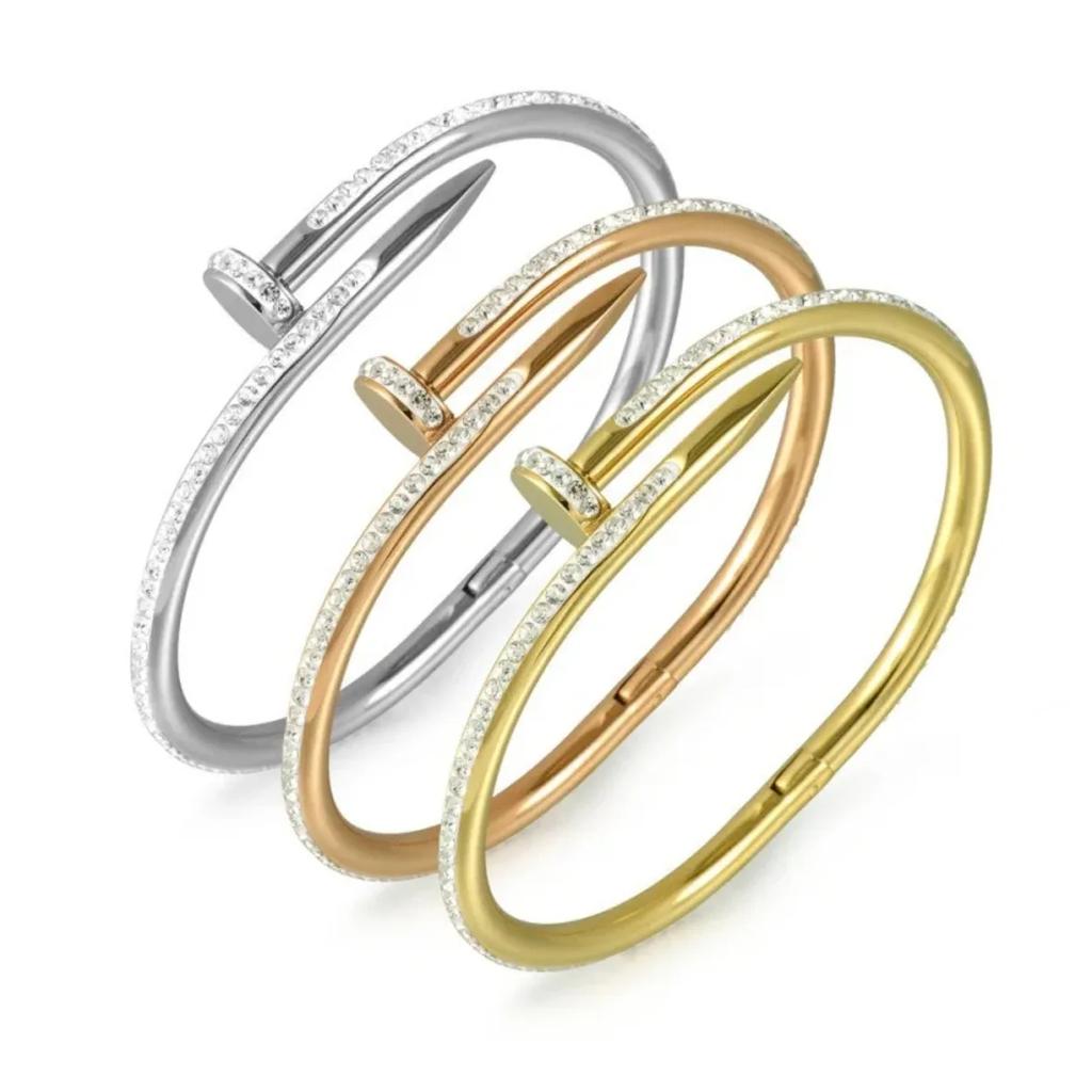 Bracelet Femme En Acier Inoxydable Doré Avec Strass - Style Jonc Brillant - Neuf Sans Emballage
