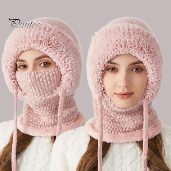 Women Winter Hat with Integrated Scarf Cold-proof Front Cover Thick Knitted Warm Solid Color Full Protection Outdoor Cycling Travel Cold Weather Cap