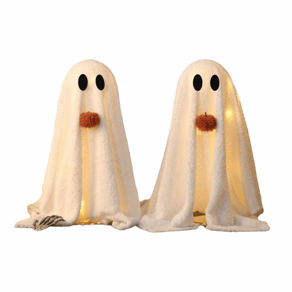 2 Pack with Pumpkin Light-Up Sherpa Ghosts Cute Ghost Tabletop Decor Halloween Decorations Party