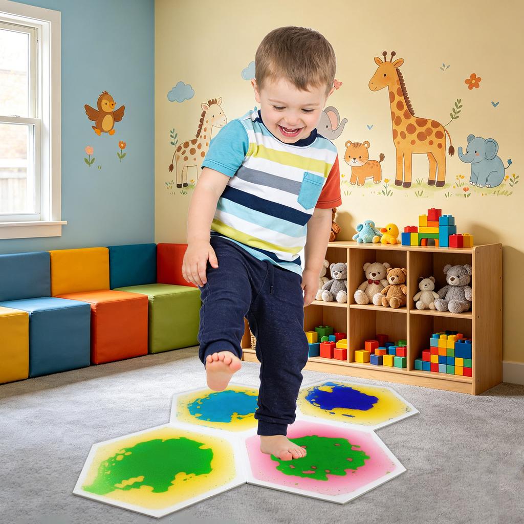 Hexagon Liquid Sensory Floor Tiles Early Education Sensory Integration Flooring Kindergarten Non-Slip Puzzle Mat Kids