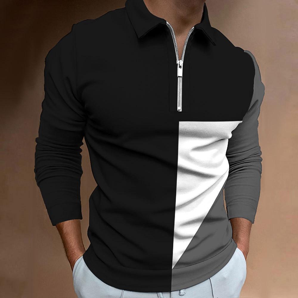 Men's Cross-border Zipper Casual Slim Fit Men's Color Blocked Digital Printed Long Sleeved Polo