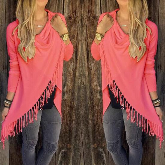 Women's Tassel Hem Shawl Cardigan Asymmetric Hem Pullover Poncho Coat Fringed Cowl Neck Wrap Cape Outerwear
