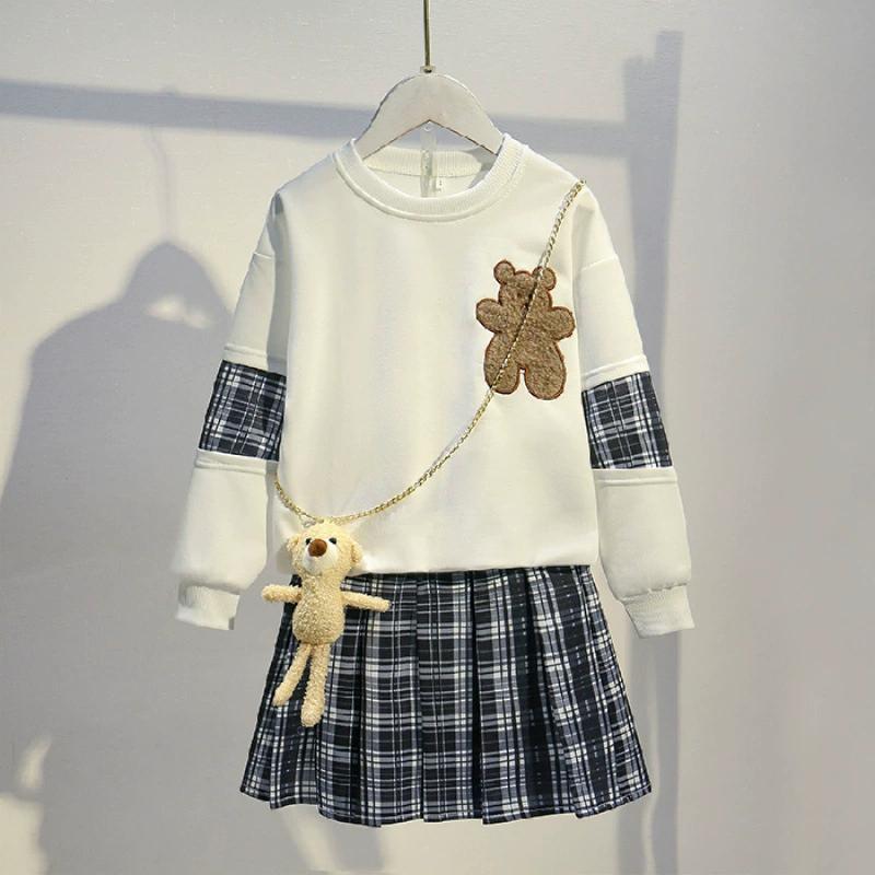 Dívčí svetrový komplet šaty síťová celebrita vysokoškolský styl jaro a podzim dvoudílná sukně malá holčička západní styl kostkovaná sukně