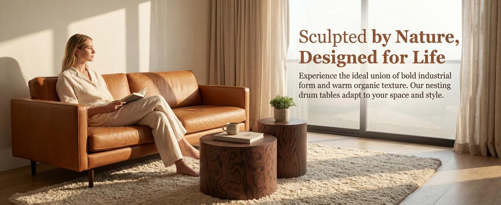 2-Piece Nesting Round Coffee Table Set, Tree Stump Drum Accent, No Assembly, Swirl Grain for Living Room, Modern Farmhouse Home Decor, Brown Pommele