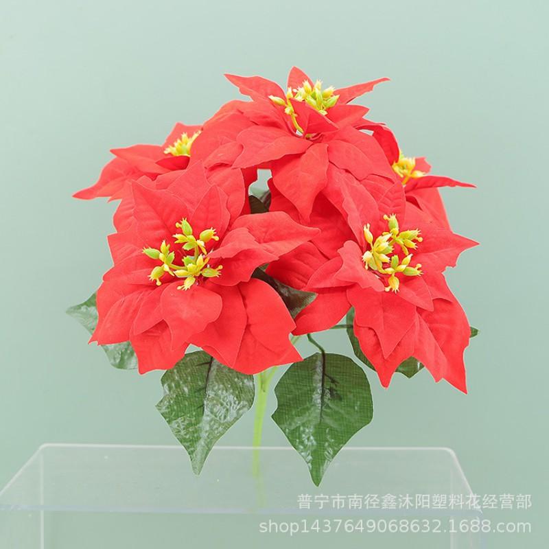 Artificial Poinsettia Silk Flower 5-Head Christmas Decor Home Holiday Party Wedding