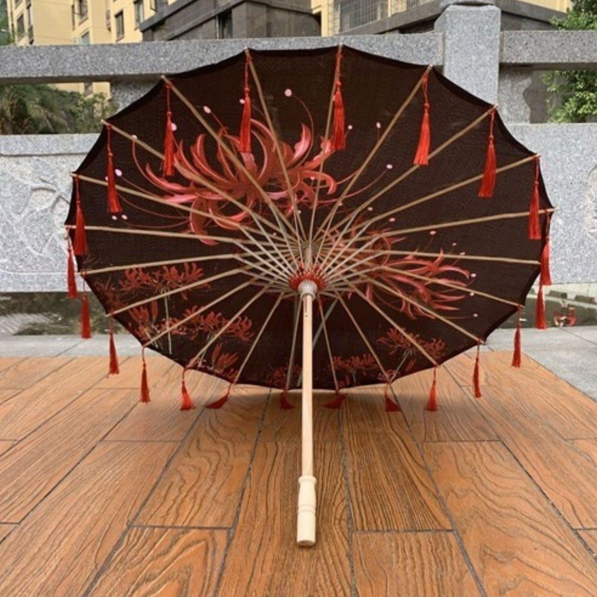 

Женский зонтик из шелковой ткани, античный зонтик с кисточками Ханфу, зонтик для танцевальных выступлений, реквизит для фотографий, зонтик для рукоделия, древний точечный масляный бумажный зонт