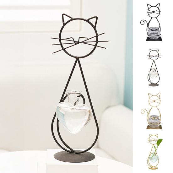 Decorative Ornament, Cat-Shaped Rust-Proof Iron Bracket with Transparent Glass Vase for Hydroponic Plants Desktop Decoration