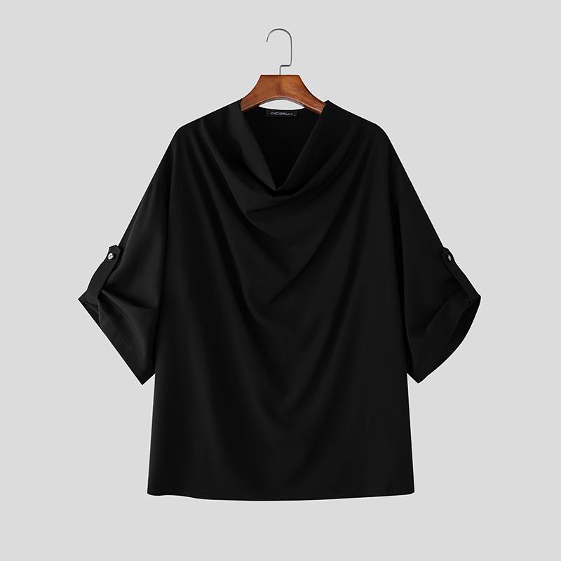 

INCERUN Весна Чоловічі Футболки з Відкладним Коміром, з Низьким Вирізом, з Довгим Рукавом, Повсякденні, Вільного Крою, Топи чорний