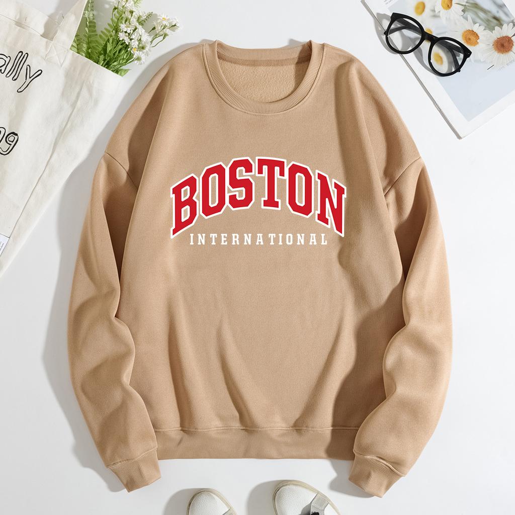 Autumn Letter "Boston International" Printed Hoodies Fashionable Casual Classic Sports Long Sleeved Women's Hoodies