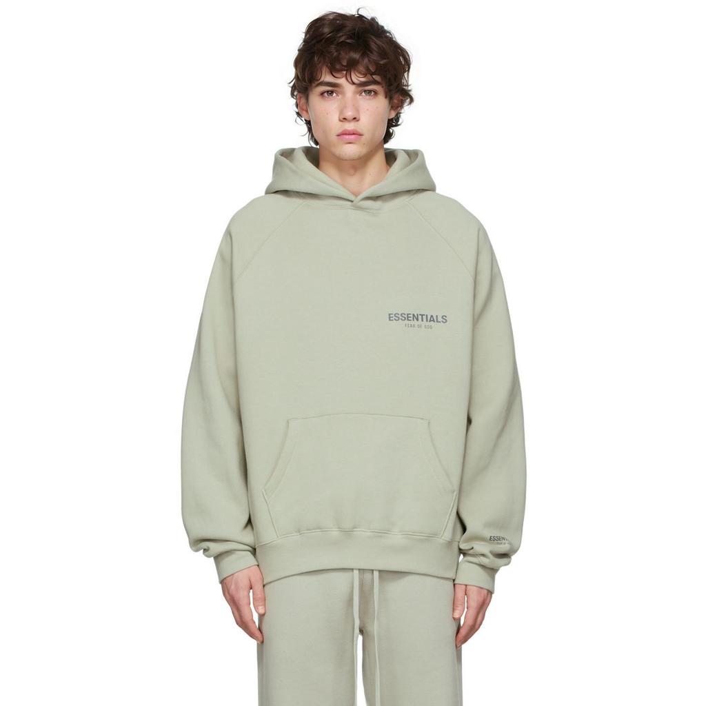 Fear of God Essentials Fleece Pullover Hoodie With Solid Color Logo Unisex Tops Green Concrete FOG-FW21-107