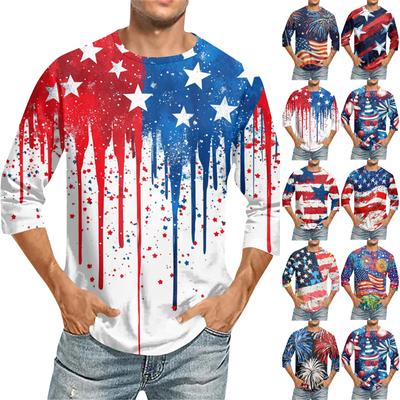 Men's Fashion Casual Independence Day Print  Neck Seven-point Sleeve Top T-shirt