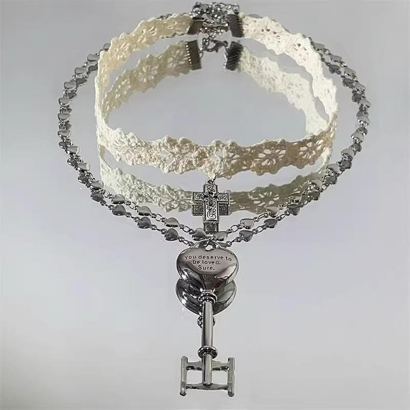 Korean Punk Cross White Lace Double Layer Clavicle Chain Necklace for Women Girls Fashion Punk Sweet Cool Choker Accessories