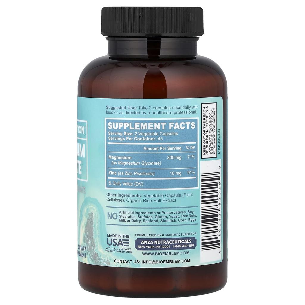 BioEmblem, Magnesium Glycine (with Zinc Picolinate), 90 Veggie Capsules