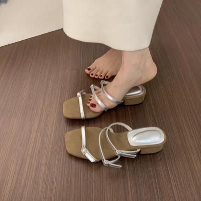 French Thick Heel with Skirt One-word Thin Strap Open-toed Slippers for Women's Summer Wear, Not Tired Feet 3cm Small High-heeled Cool Slippers