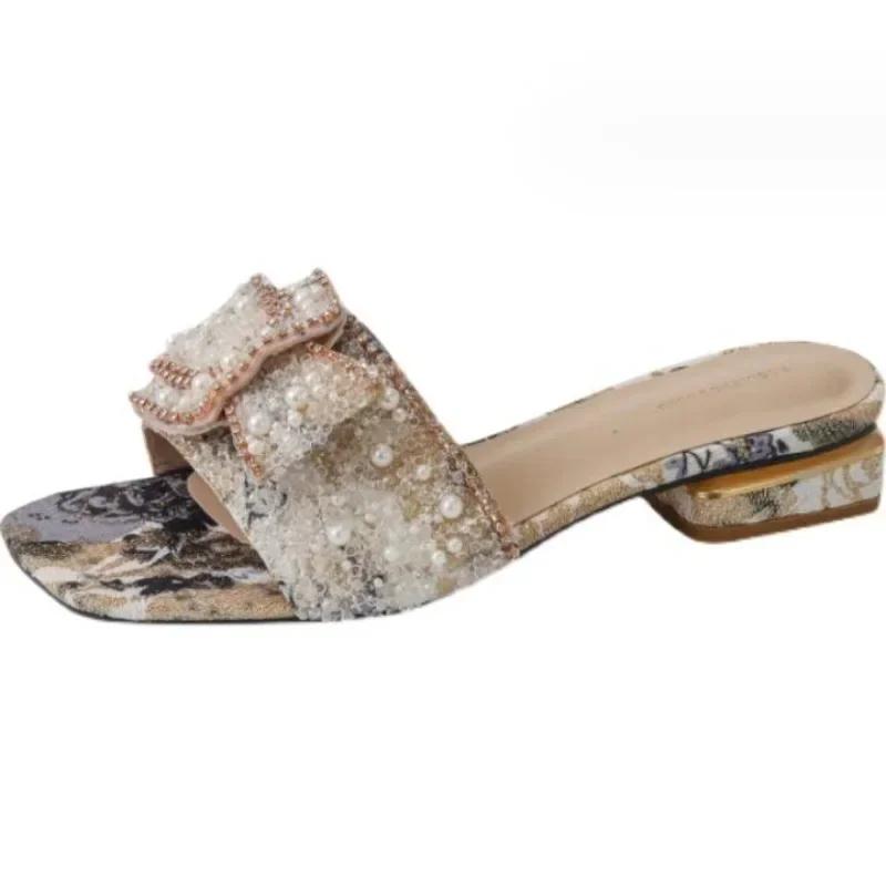 Fashion Chunky Heel Fashion Flat Ladies Rhinestone Slippers Women's Shoes Comfort Summer Peep Toe Woman Shoes Zapatos Mujer