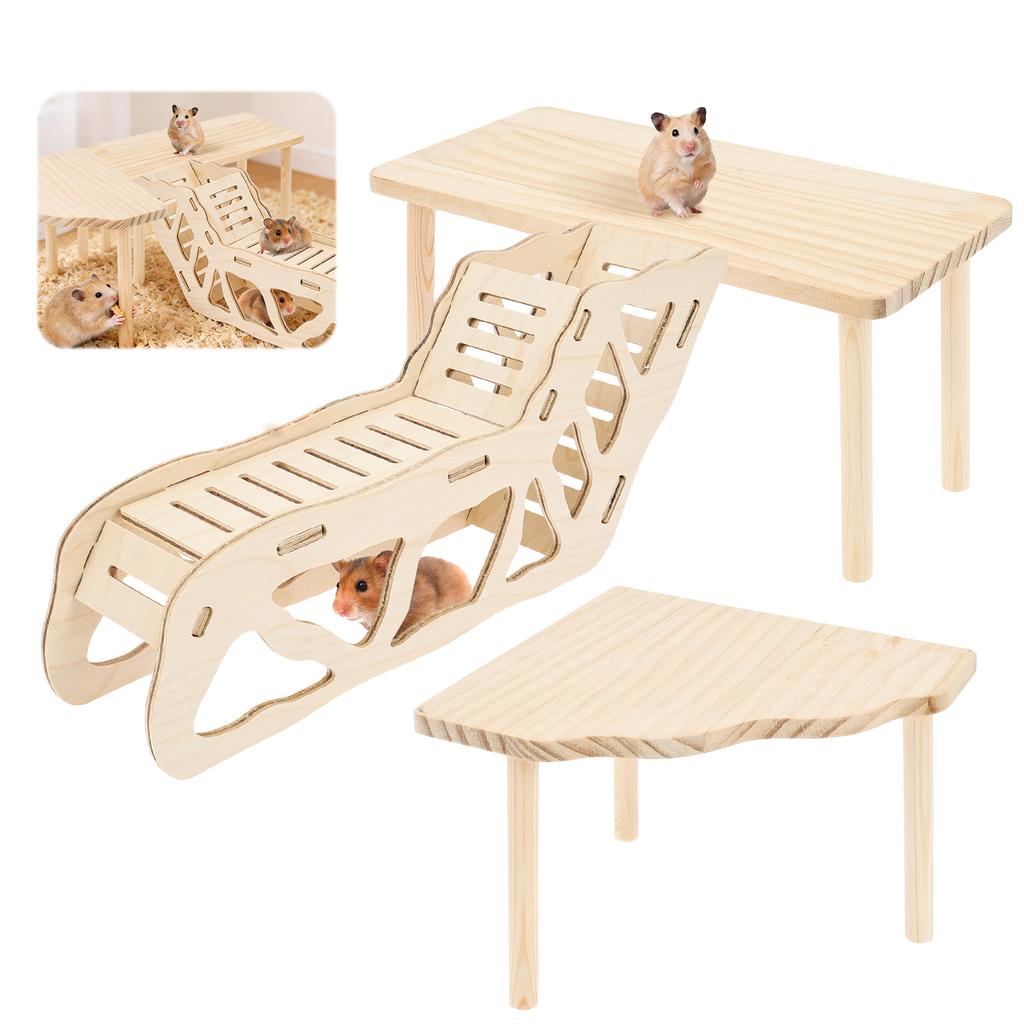 3Pcs Hamster Platform Natural Wood Hamster Climbing Toy with Ramp Tunnel Shelter Small Pet Resting Area Hamster Cage Accessories