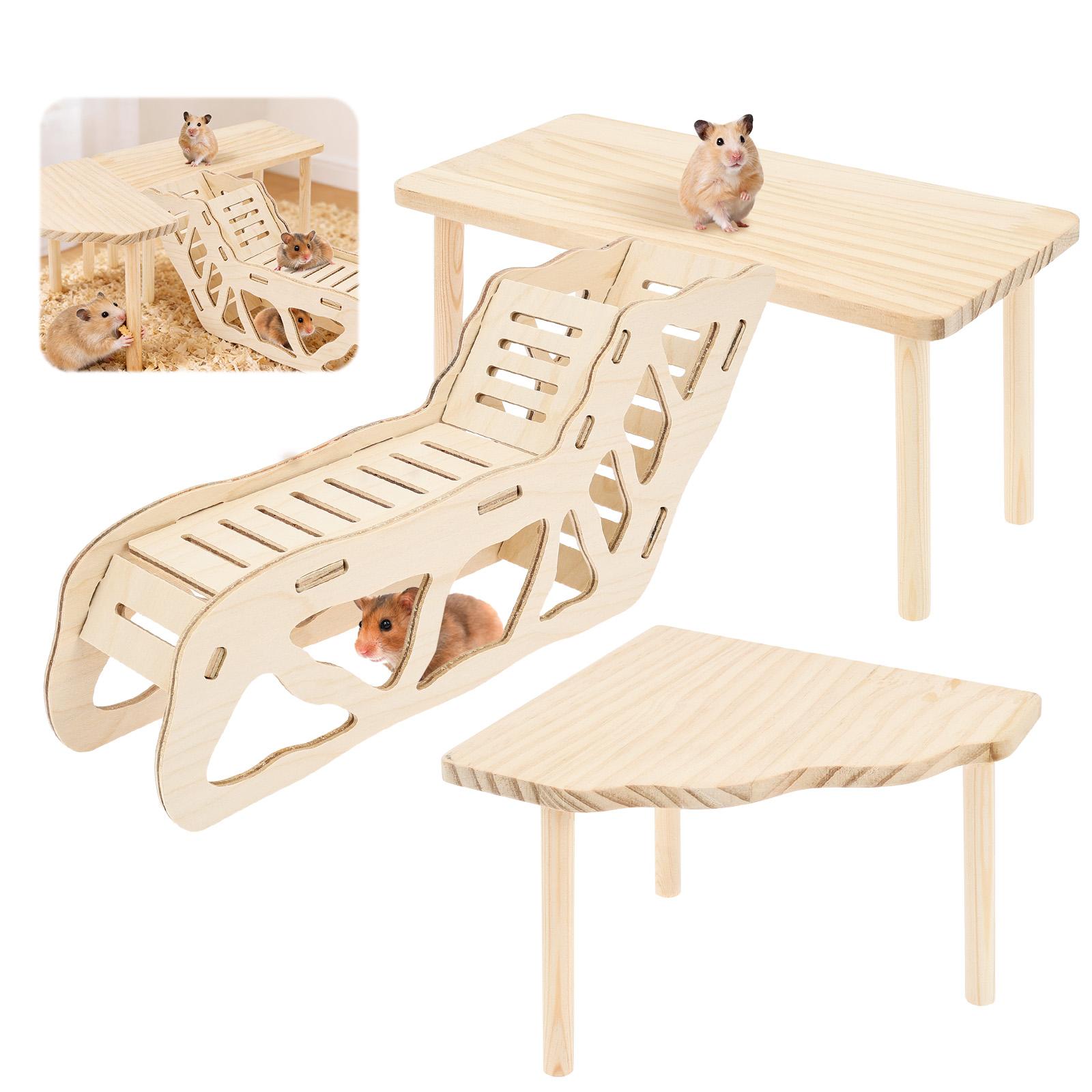 

3Pcs Hamster Platform Natural Wood Hamster Climbing Toy with Ramp Tunnel Shelter Small Pet Resting Area Hamster Cage Accessories