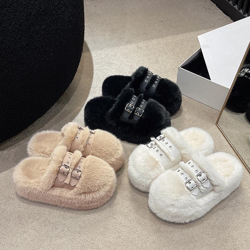 Thick-bottomed Bag Head Fluffy Slippers Women's Winter New Outer Wear Double-breasted Small Cotton Slippers