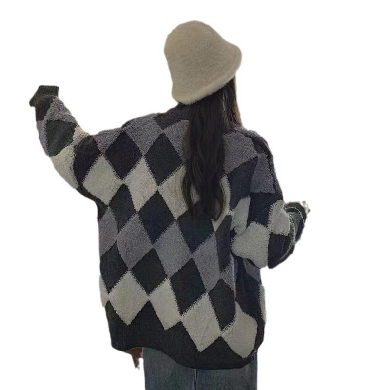 Large Size Cardigan with Women's Loose Casual Fashion Commuter V-neck Contrasting Color Diamond Sweater Jacket Women