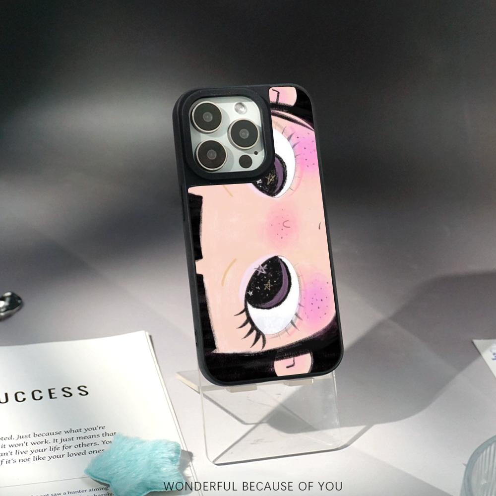 Big-eyed cute girl cartoon design Phone Case for iPhone 17 16 e 15 14 13 12 Pro Max Sheepskin Silver-edged protective case