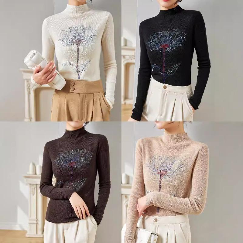 Design sense rose hot diamond bottoming knitted sweater women's autumn new semi-turtleneck pullover silk wool sweater women